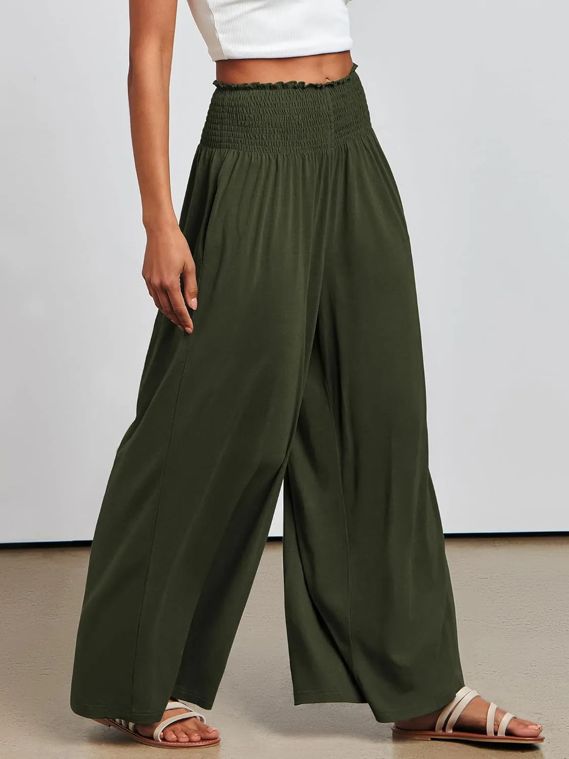 ANRABESS Women Palazzo Pants Summer Boho Bagyy Wide Leg High Smocked Waist Casual Loose Lounge Pant with Pocket