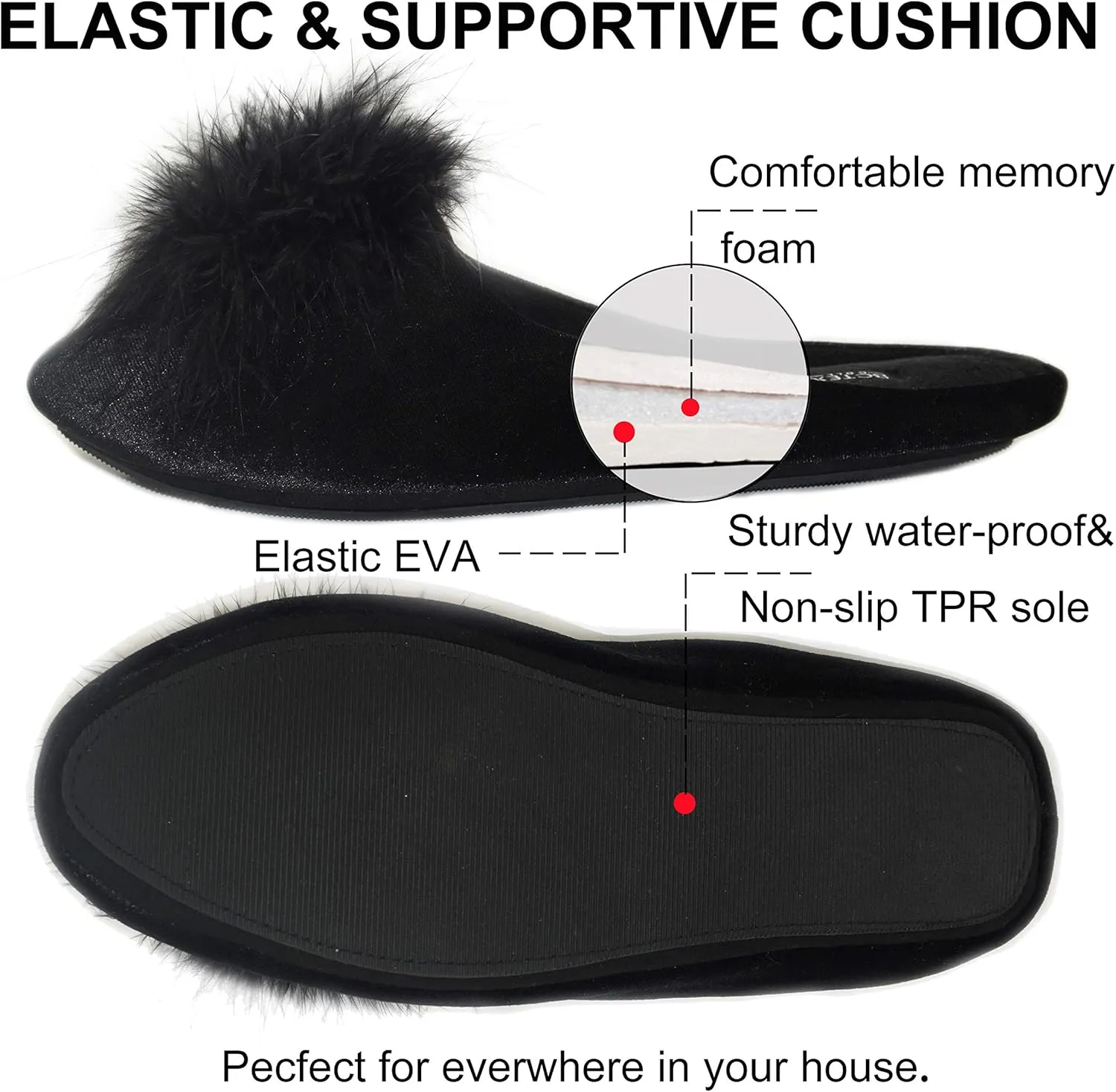 BCTEX COLL Women's Cozy Velvet Memory Foam House Slipper, Ladies Fuzzy Bedroom Slipper Non-slip Sole