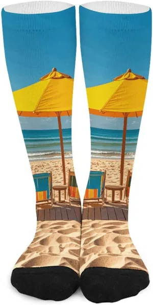 Beach Scene with Chairs Knee High Socks for Women/Men, Breathable Comfort Calf Tube Socks, Printed Casual Sports Sock