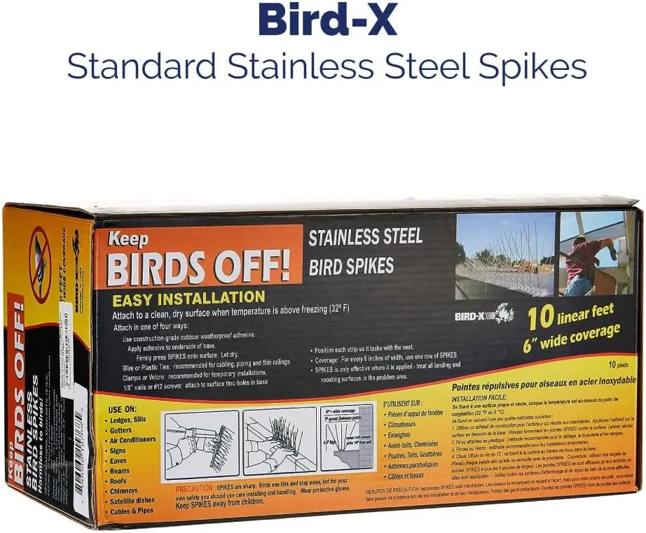 Bird-X Bird Spikes, Stainless Steel Spikes to Keep Birds Away, Easy to Install, Covers 10 Linear Feet Area, 1' L x 6" W, 10 Strips
