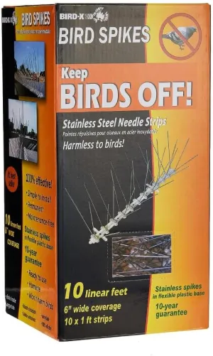 Bird-X Bird Spikes, Stainless Steel Spikes to Keep Birds Away, Easy to Install, Covers 10 Linear Feet Area, 1' L x 6" W, 10 Strips