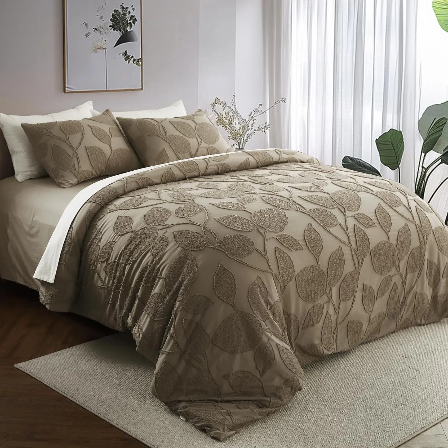 Boho Duvet Cover Set Twin/Twin XL Size - 1 Duvet Cover with 1 Pillow Sham, 2 Pieces Bedding Set with 8 Corner Ties, 7 Buttons, Soft Shabby Chic Leaf Jacquard Duvet Covers (Brown, 68"x90")
