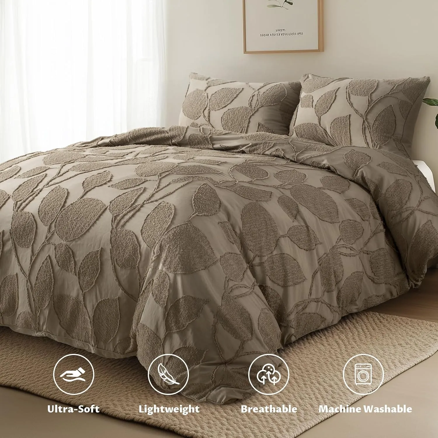 Boho Duvet Cover Set Twin/Twin XL Size - 1 Duvet Cover with 1 Pillow Sham, 2 Pieces Bedding Set with 8 Corner Ties, 7 Buttons, Soft Shabby Chic Leaf Jacquard Duvet Covers (Brown, 68"x90")