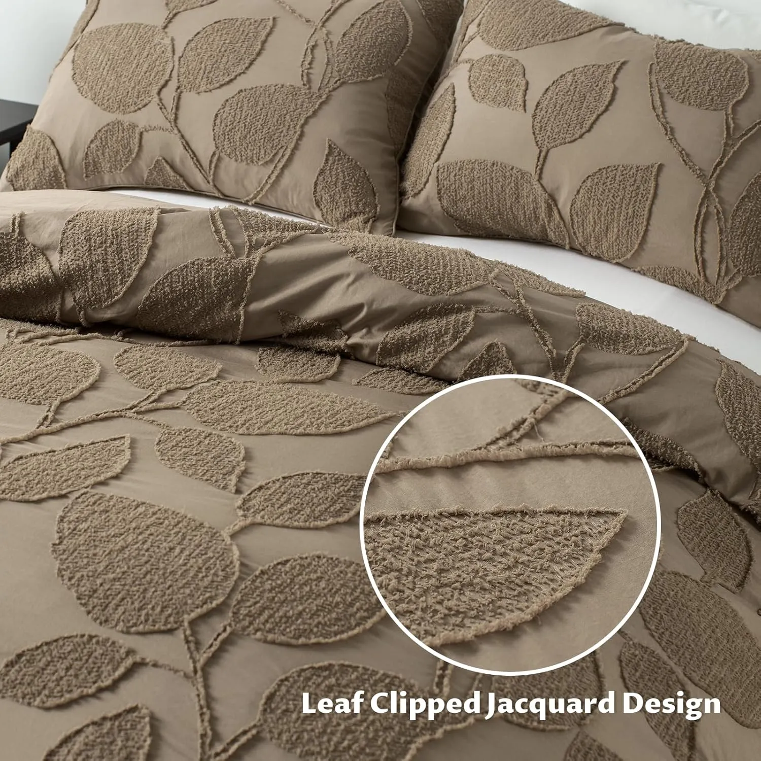 Boho Duvet Cover Set Twin/Twin XL Size - 1 Duvet Cover with 1 Pillow Sham, 2 Pieces Bedding Set with 8 Corner Ties, 7 Buttons, Soft Shabby Chic Leaf Jacquard Duvet Covers (Brown, 68"x90")