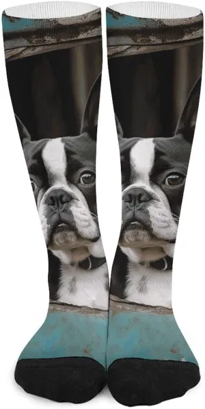 Boston Terrier Knee High Socks for Women/Men, Breathable Comfort Calf Tube Socks, Printed Casual Sports Sock