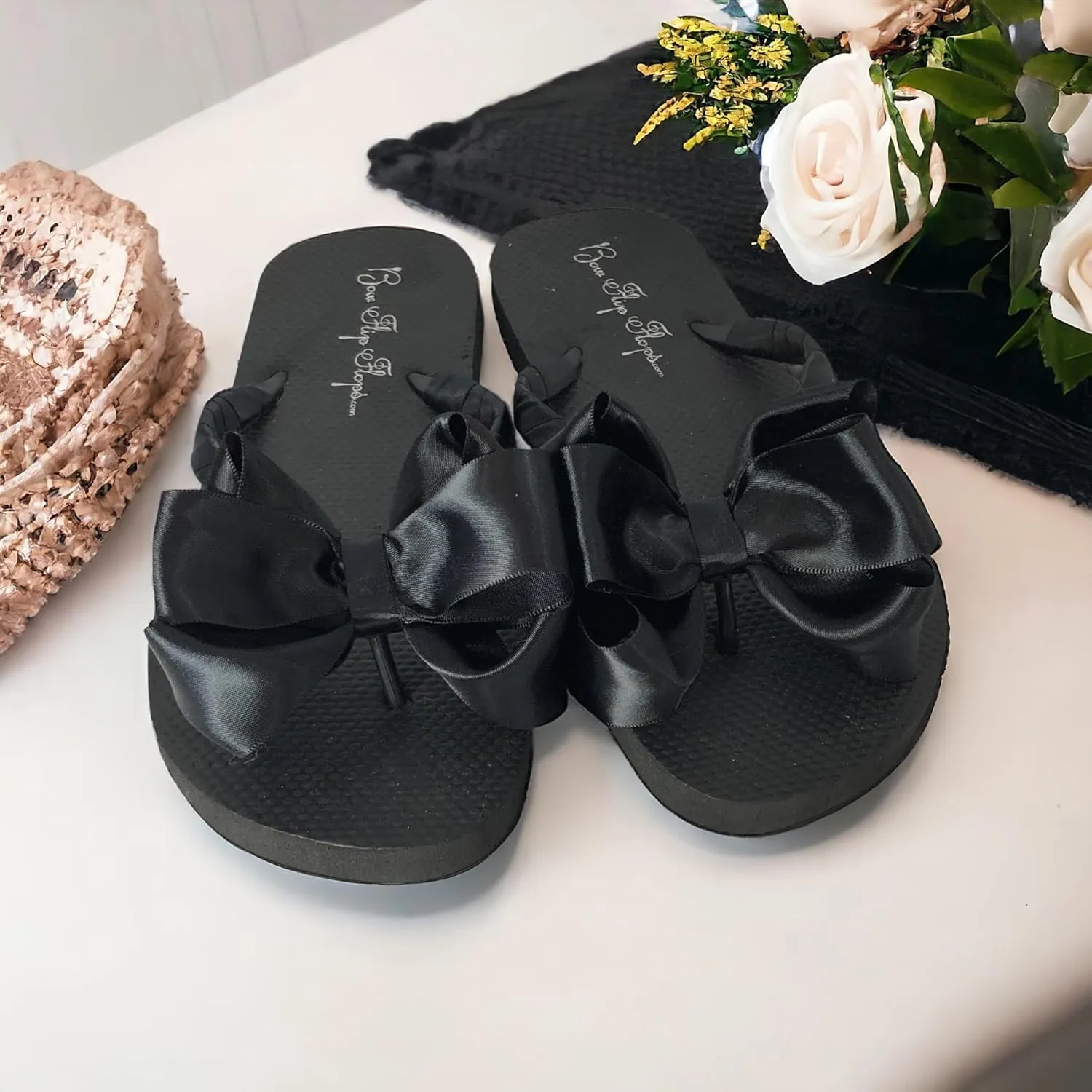 Bow Flip Flops Black Satin, Flat Sandals for Women
