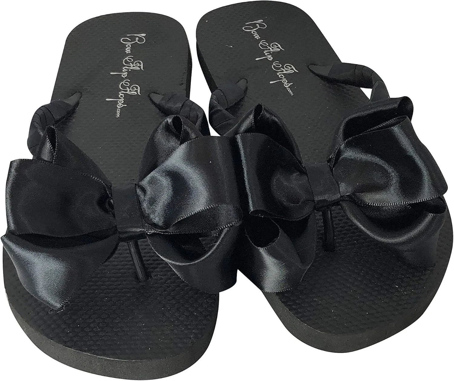 Bow Flip Flops Black Satin, Flat Sandals for Women