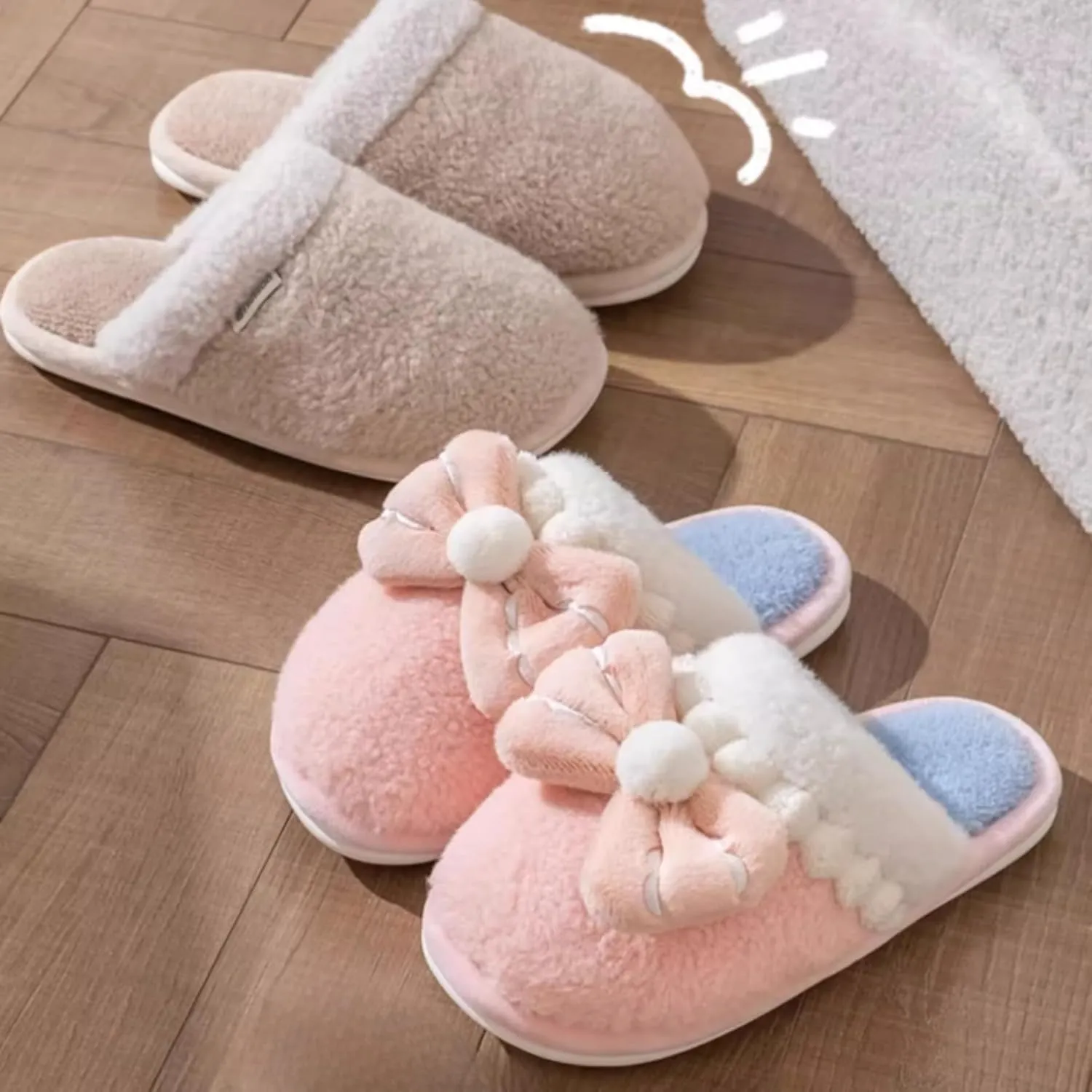 Bow Slippers for Women Indoor Cute Bow Tie House Slippers Plush Slides Shoes Soft Non-Slip Sole Slip On Slippers with Bows Winter Warm Couple Home Cotton Slippers Bedroom Slippers Outdoor