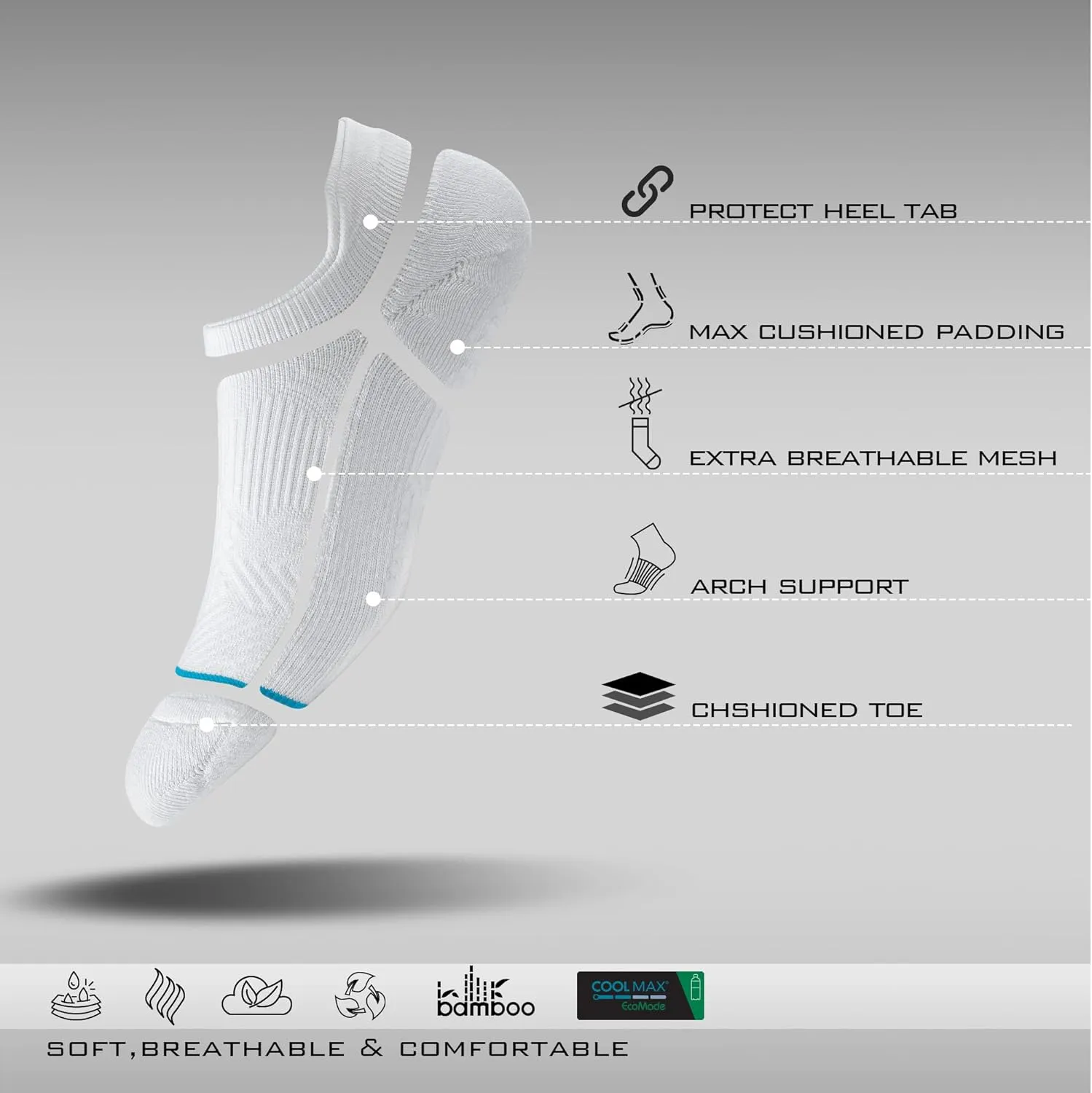 BRISIRA Bamboo Viscose Non Slip Pilates Socks Men Women No Show Grip Compression Thick Cushion Yoga Barre Grippy Ankle