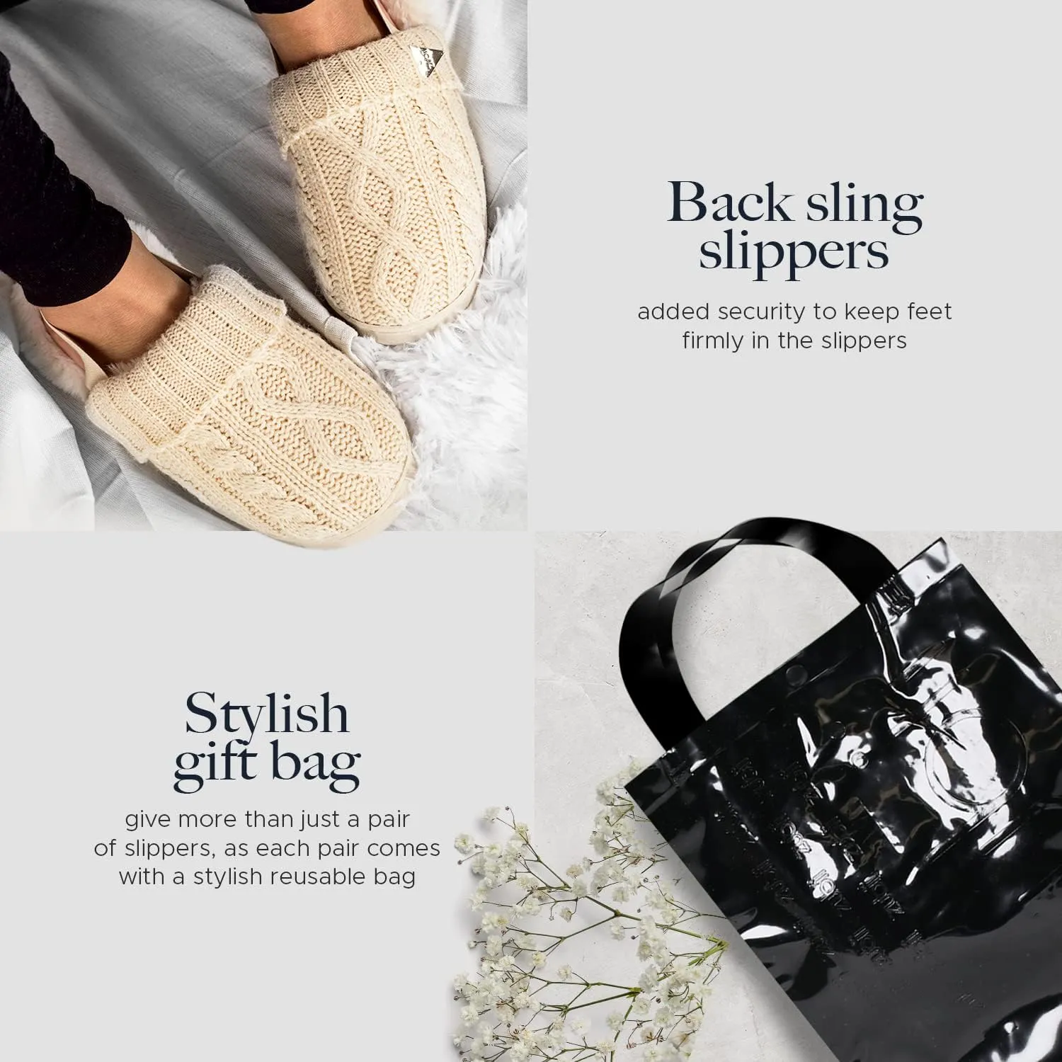Cable Sweater Slippers, Slingback, Warm Cozy And Stylish, Breathable, Cable Pattern Ivory And Black Colors, Strong Strap, And Durable Soles, Sizes EU 21-38