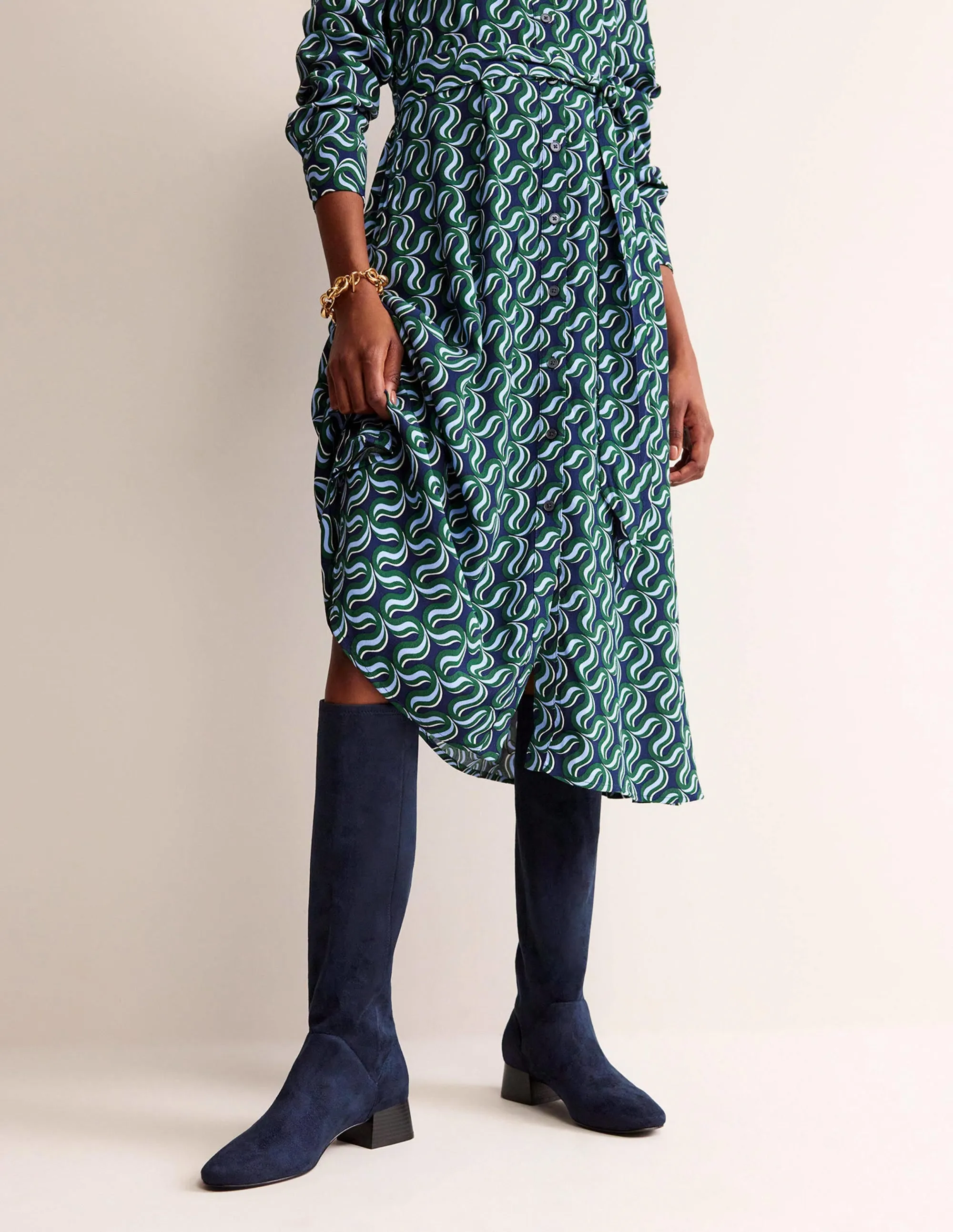Cara Flat Stretch Knee Boots-Navy