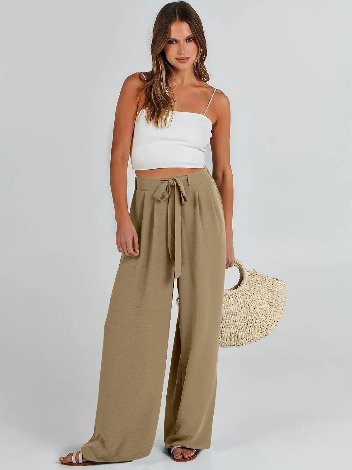 Caracilia Women Wide Leg Palazzo Pants Summer High Waist Flowy Casual Trousers Loose Lounge Beach Travel Vacation Clothes
