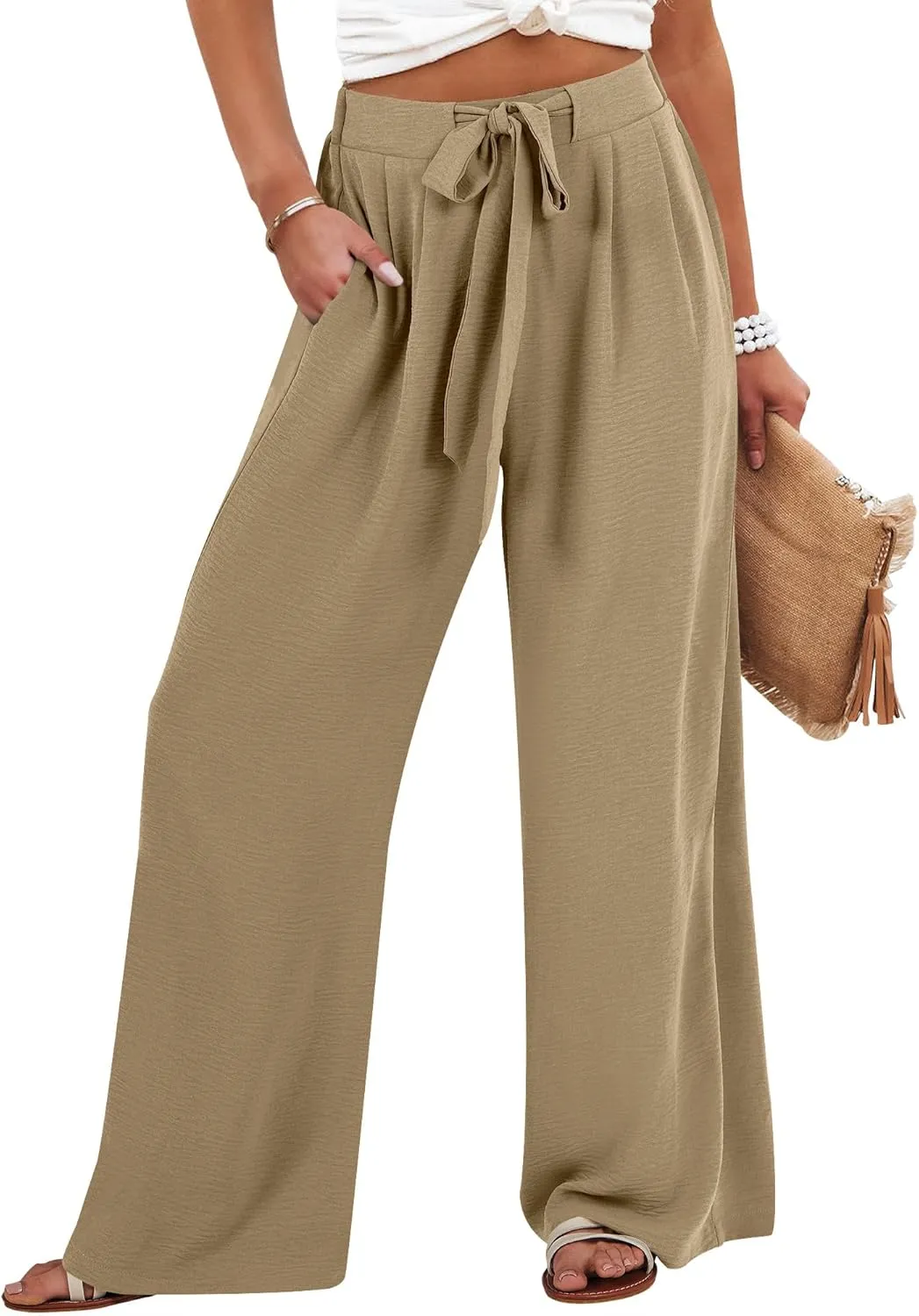 Caracilia Women Wide Leg Palazzo Pants Summer High Waist Flowy Casual Trousers Loose Lounge Beach Travel Vacation Clothes