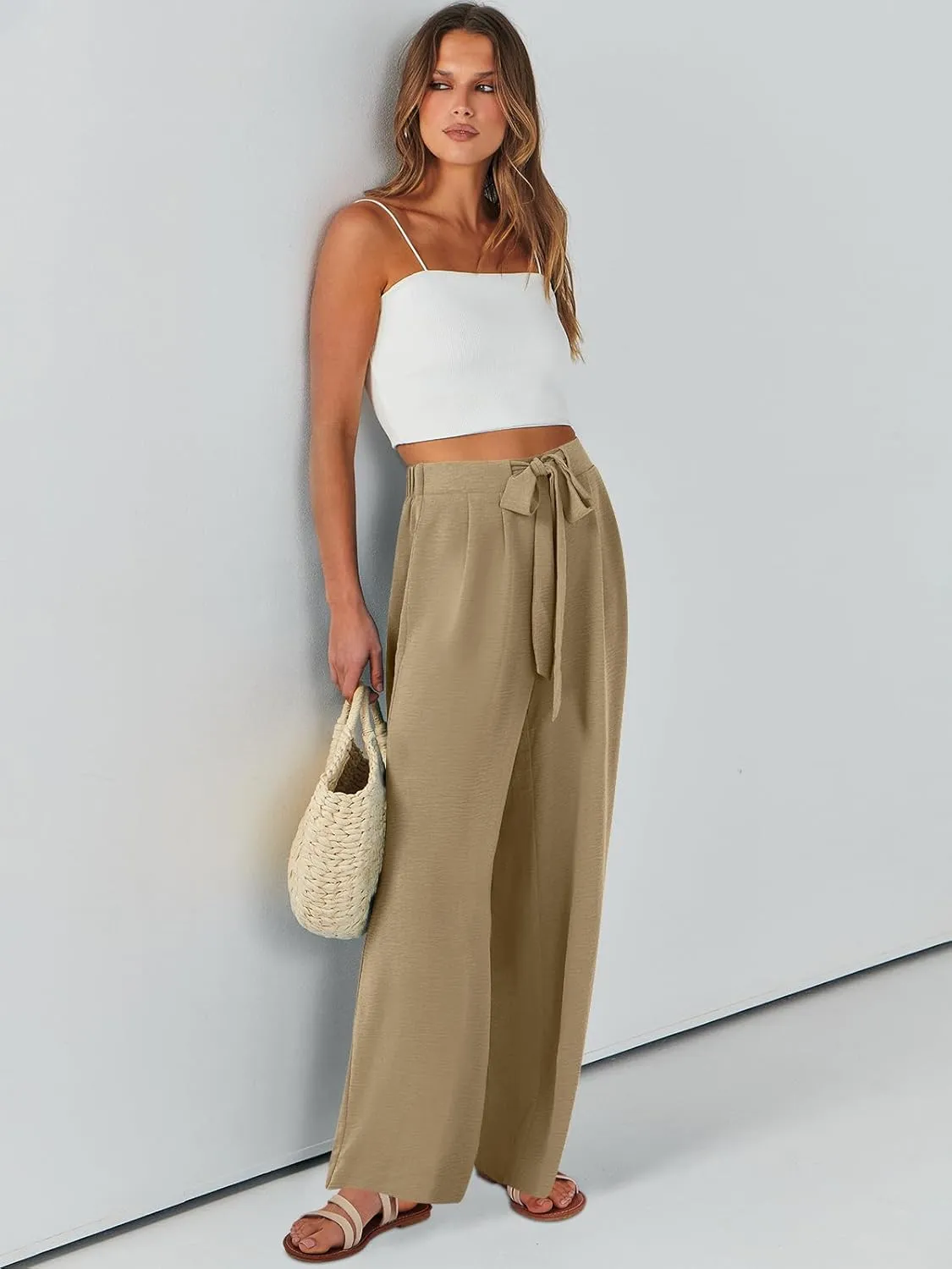 Caracilia Women Wide Leg Palazzo Pants Summer High Waist Flowy Casual Trousers Loose Lounge Beach Travel Vacation Clothes