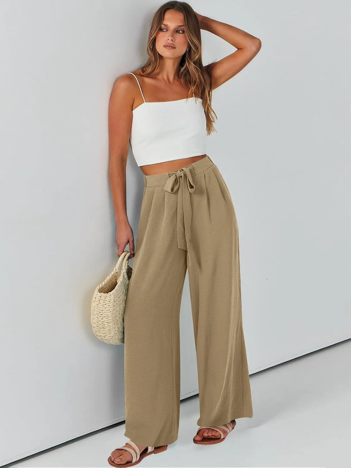 Caracilia Women Wide Leg Palazzo Pants Summer High Waist Flowy Casual Trousers Loose Lounge Beach Travel Vacation Clothes
