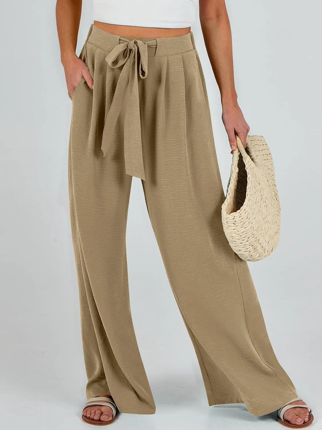 Caracilia Women Wide Leg Palazzo Pants Summer High Waist Flowy Casual Trousers Loose Lounge Beach Travel Vacation Clothes