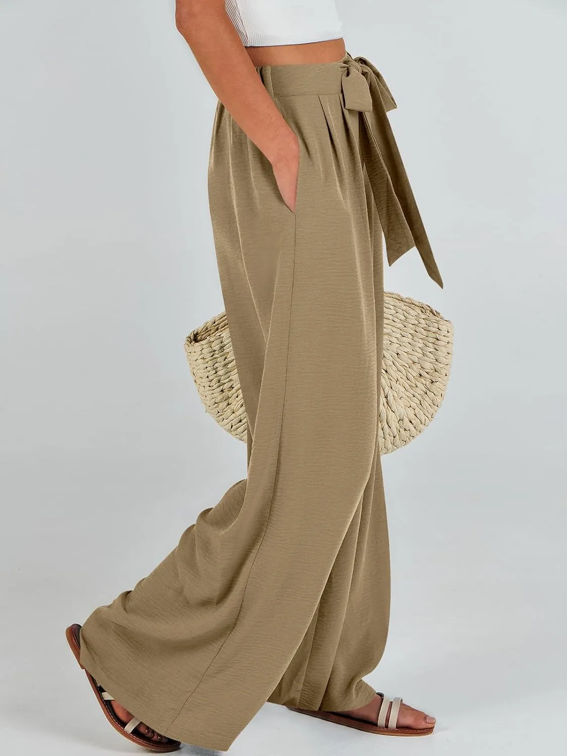 Caracilia Women Wide Leg Palazzo Pants Summer High Waist Flowy Casual Trousers Loose Lounge Beach Travel Vacation Clothes