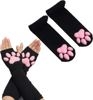 Cat Paw Thigh High Socks Golves, Cute Soft 3D Toe Beans Socks Mittens Kitten Claw Pad Socks for Girl Women Cosplay Set…