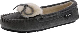 Clarks Adalyn Grey Mocassin Vamp Comfort Rounded Closed Toe Fashion Slipper (Grey Fur Vamp, 6)