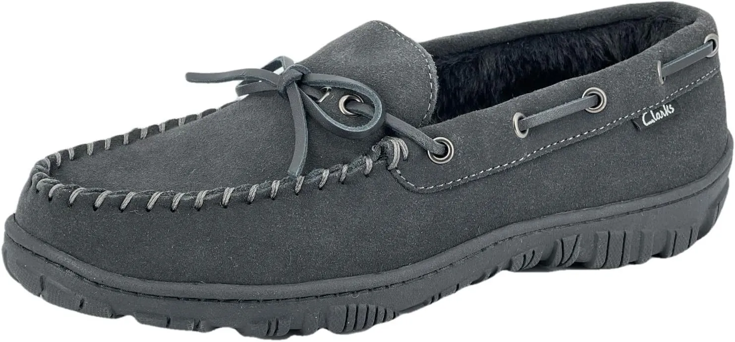 Clarks Mens Suede Leather Moccasin Slipper - Faux Fur Lining Cushion Comfort Removable Insole - Indoor Outdoor Slippers For Men (11 M US, Grey)
