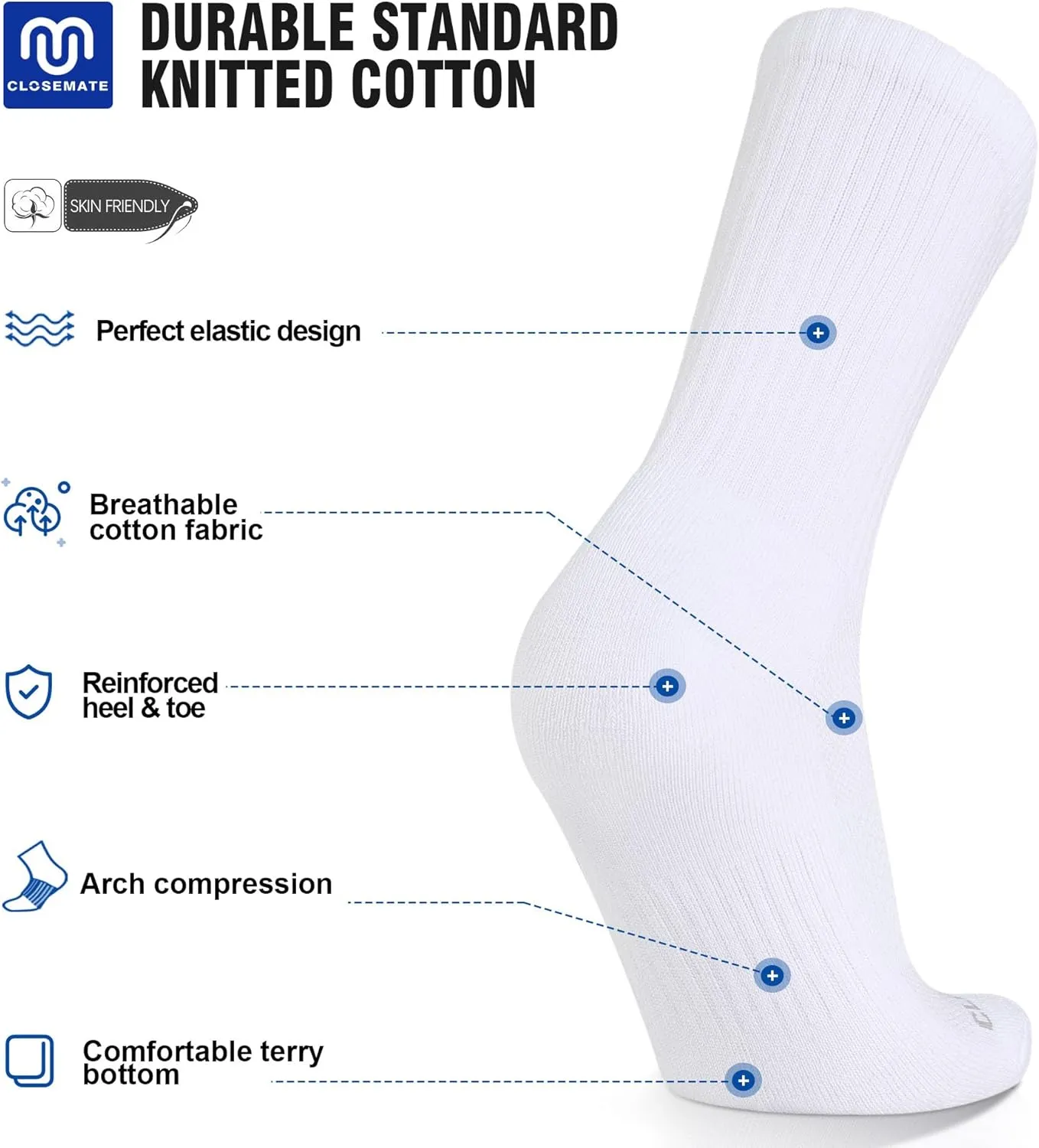 CLOSEMATE Mens Athletic Cushioned Crew Socks 6 Pairs Cotton Comfy and Moisture-Wicking for Running Training Sports