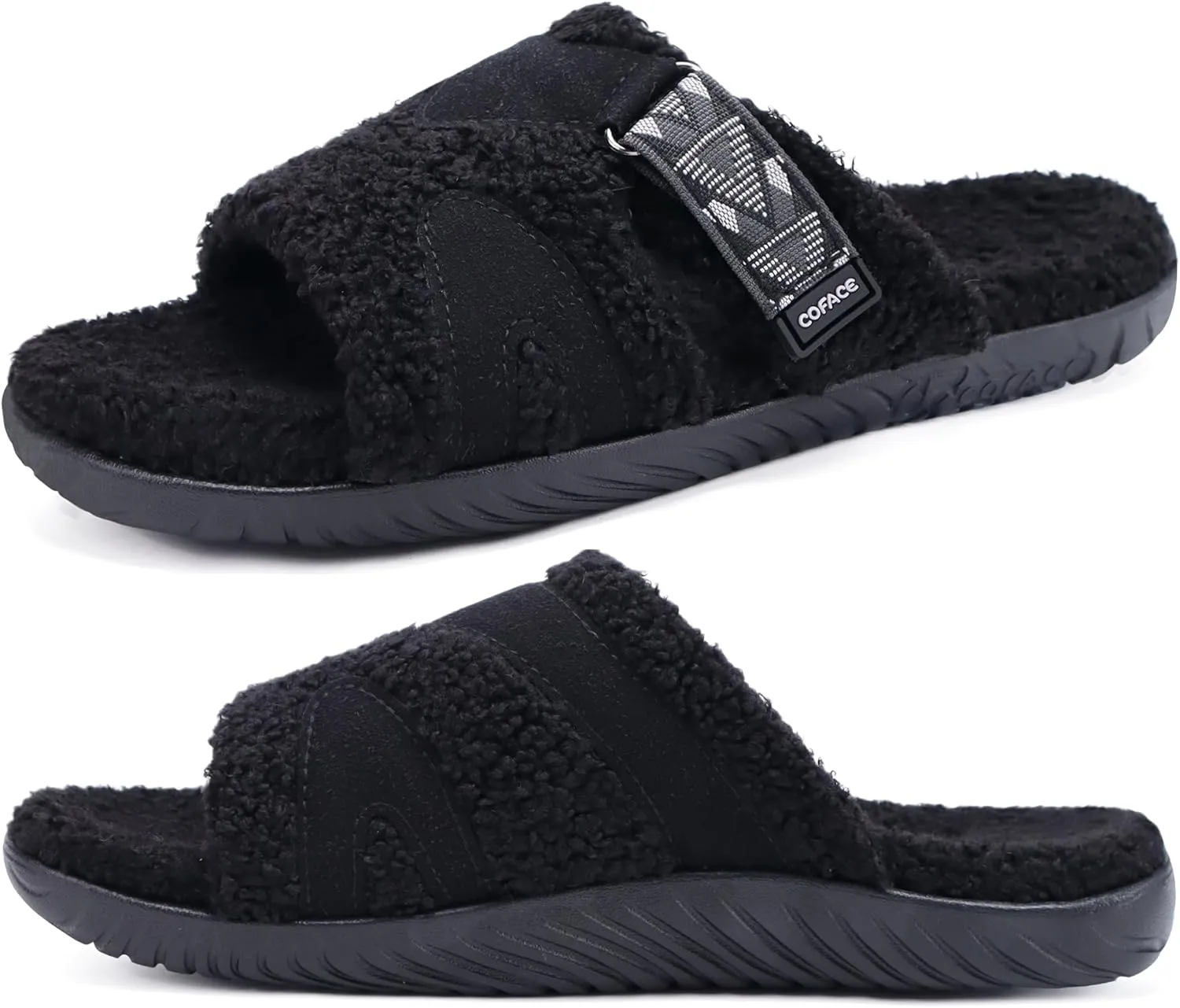 COFACE Mens Slippers Fuzzy Comfy Orthotic Orthopedic Plantar Fasciitis Fluff Fur Memory Foam Sherpa Open Toe Warm Bedroom Slipper House Slides for Man Indoor Outdoor