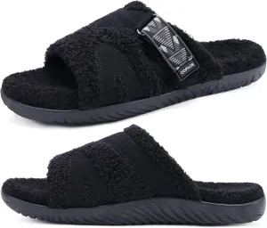COFACE Mens Slippers Fuzzy Comfy Orthotic Orthopedic Plantar Fasciitis Fluff Fur Memory Foam Sherpa Open Toe Warm Bedroom Slipper House Slides for Man Indoor Outdoor