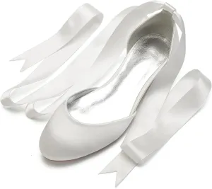 COMFASH Ballet Flats Satin Comfortable Closed Toe Ribbon Tie Women Bride Wedding Shoes