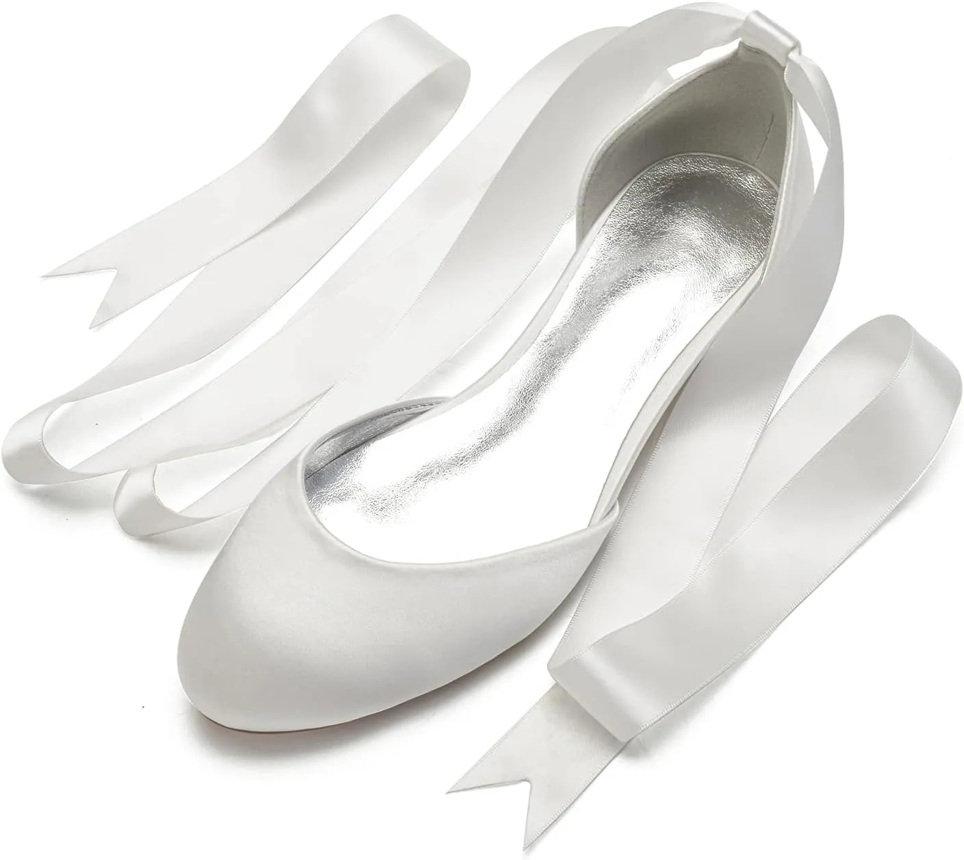 COMFASH Ballet Flats Satin Comfortable Closed Toe Ribbon Tie Women Bride Wedding Shoes