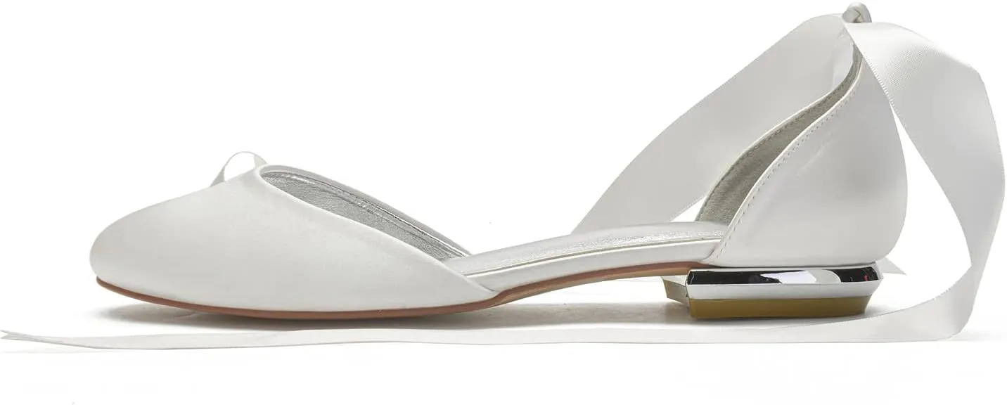 COMFASH Ballet Flats Satin Comfortable Closed Toe Ribbon Tie Women Bride Wedding Shoes