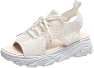 Contrast Paneled Cutout Lace-Up Muffin Sandals for Women Open Toe Slip On Muffin Sandals for Women Sports Platform Woven Sandal Lightweight Breathable Walking Going Out Sandal