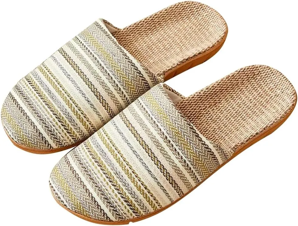Cotton and Linen slippers unisex linen summer beach slipper non-slip indoor slippers Breathable Home(Beige,EUR44-45)