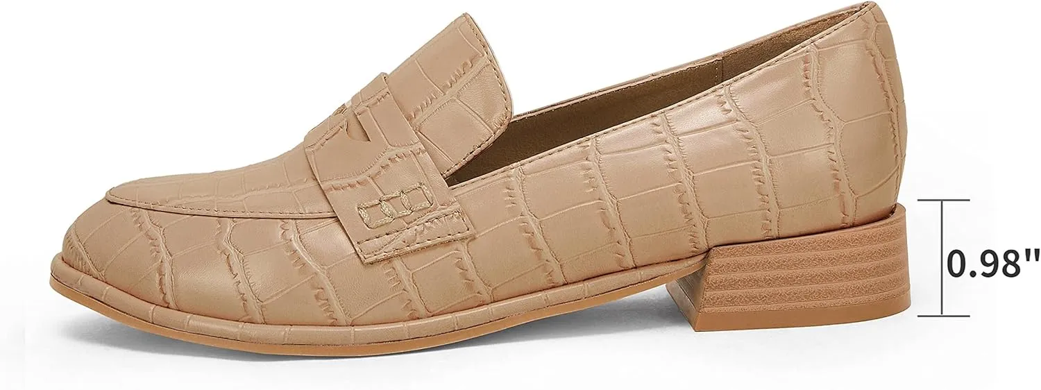 Coutgo Womens Classic Penny Loafers Crocodile Print Casual Mid Stacked Heel Comfort Slip On Office Oxford Dress Shoes