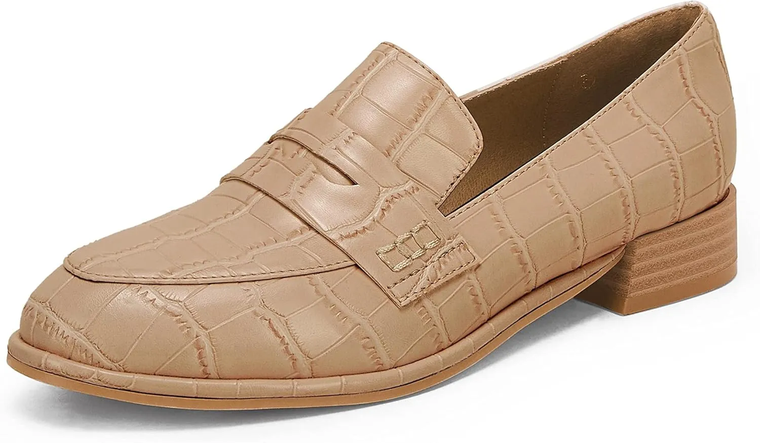 Coutgo Womens Classic Penny Loafers Crocodile Print Casual Mid Stacked Heel Comfort Slip On Office Oxford Dress Shoes
