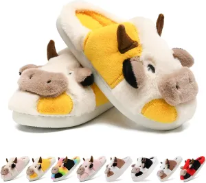 Cow Slippers for Women,Cartoon Animal Fuzzy Slippers,Winter Warm Women's House Slippers,Anti-Slip Indoor Outdoor for Man Wrap Heel