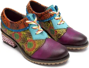 CrazycatZ Womens Vintage Bohemian Ankle Oxford Shoes Flat Genuine Leather Patchwork Patchwork Shoes