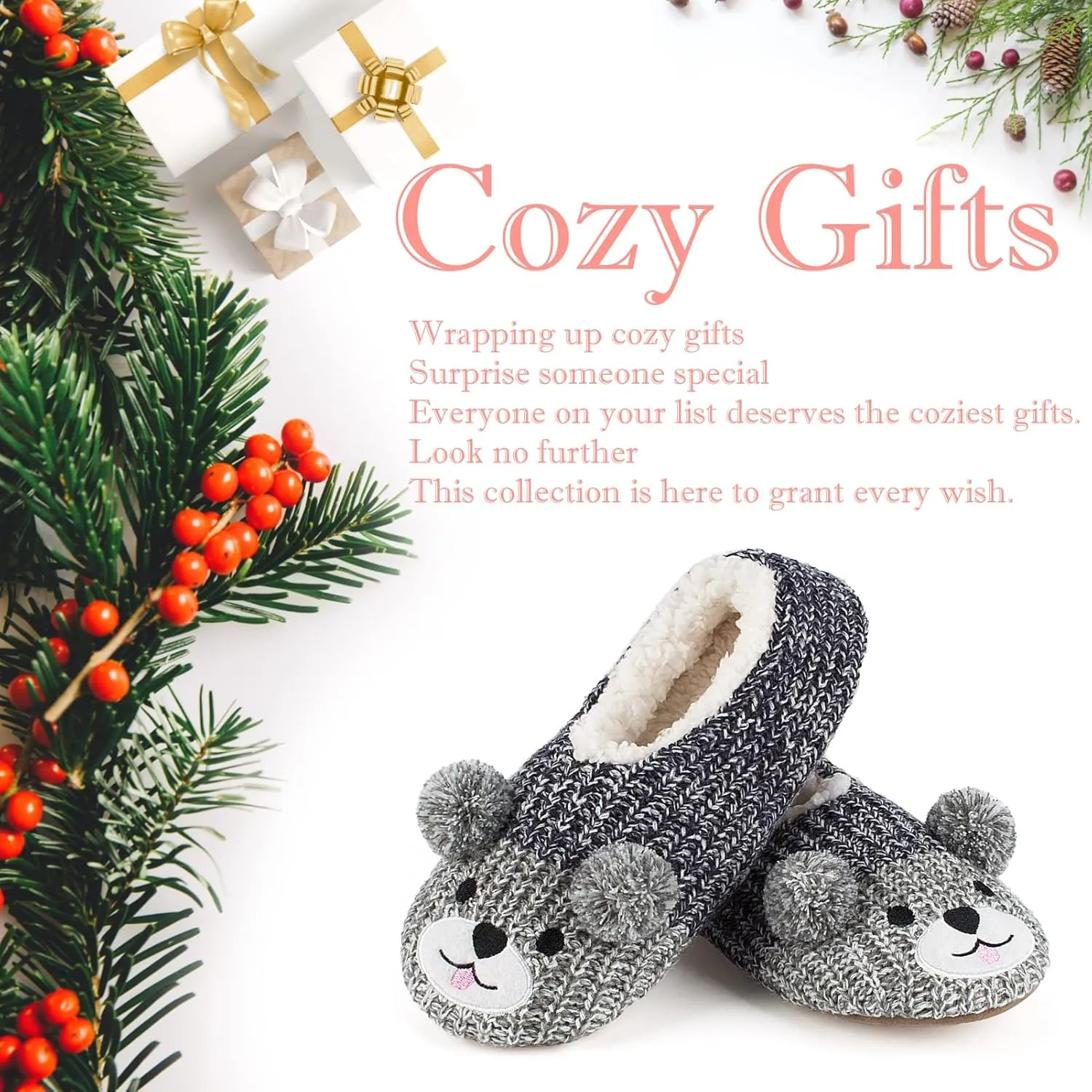 Cute Animal House Slippers, Warm Fuzzy Slipper Socks with Grippers Non Slip, Cozy Funny Gifts