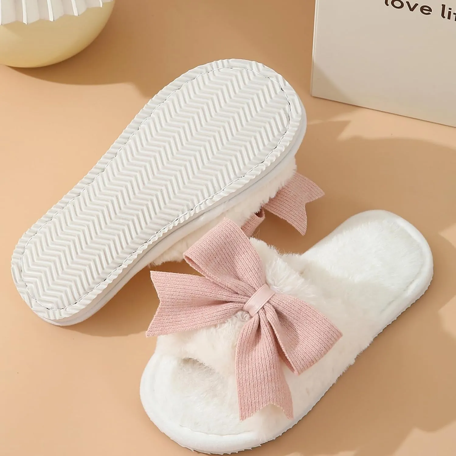 Cute Bow-Tie House Women's Fuzzy Slippers - Open Toe Warm Plush Fluffly Non-slip Sole Comfy Memory Foam Home Shoes Indoor Outdoor