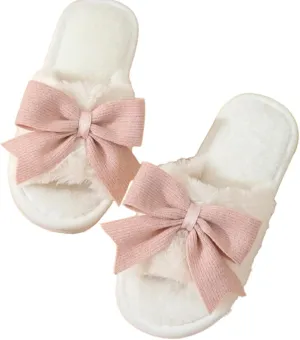 Cute Bow-Tie House Women's Fuzzy Slippers - Open Toe Warm Plush Fluffly Non-slip Sole Comfy Memory Foam Home Shoes Indoor Outdoor