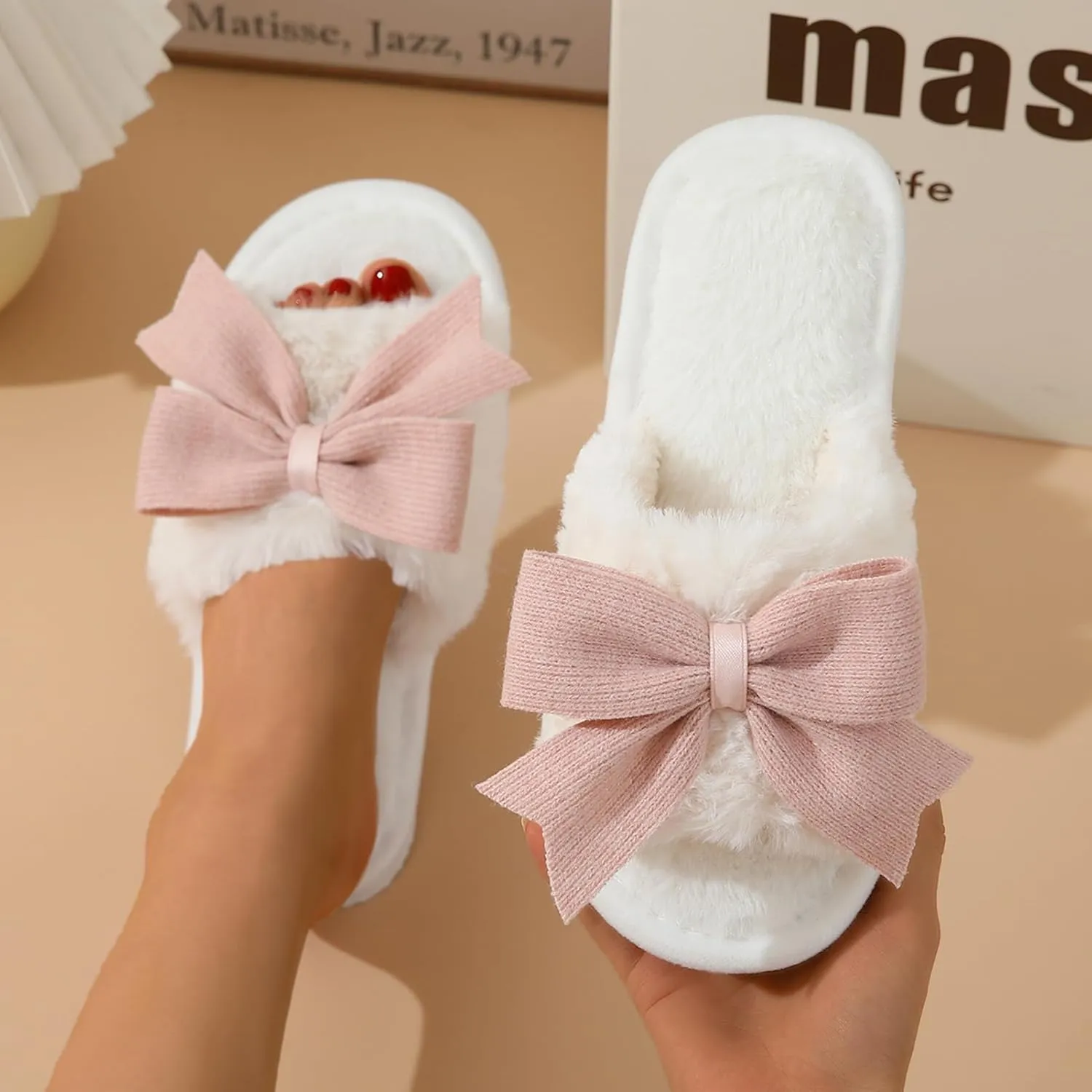 Cute Bow-Tie House Women's Fuzzy Slippers - Open Toe Warm Plush Fluffly Non-slip Sole Comfy Memory Foam Home Shoes Indoor Outdoor