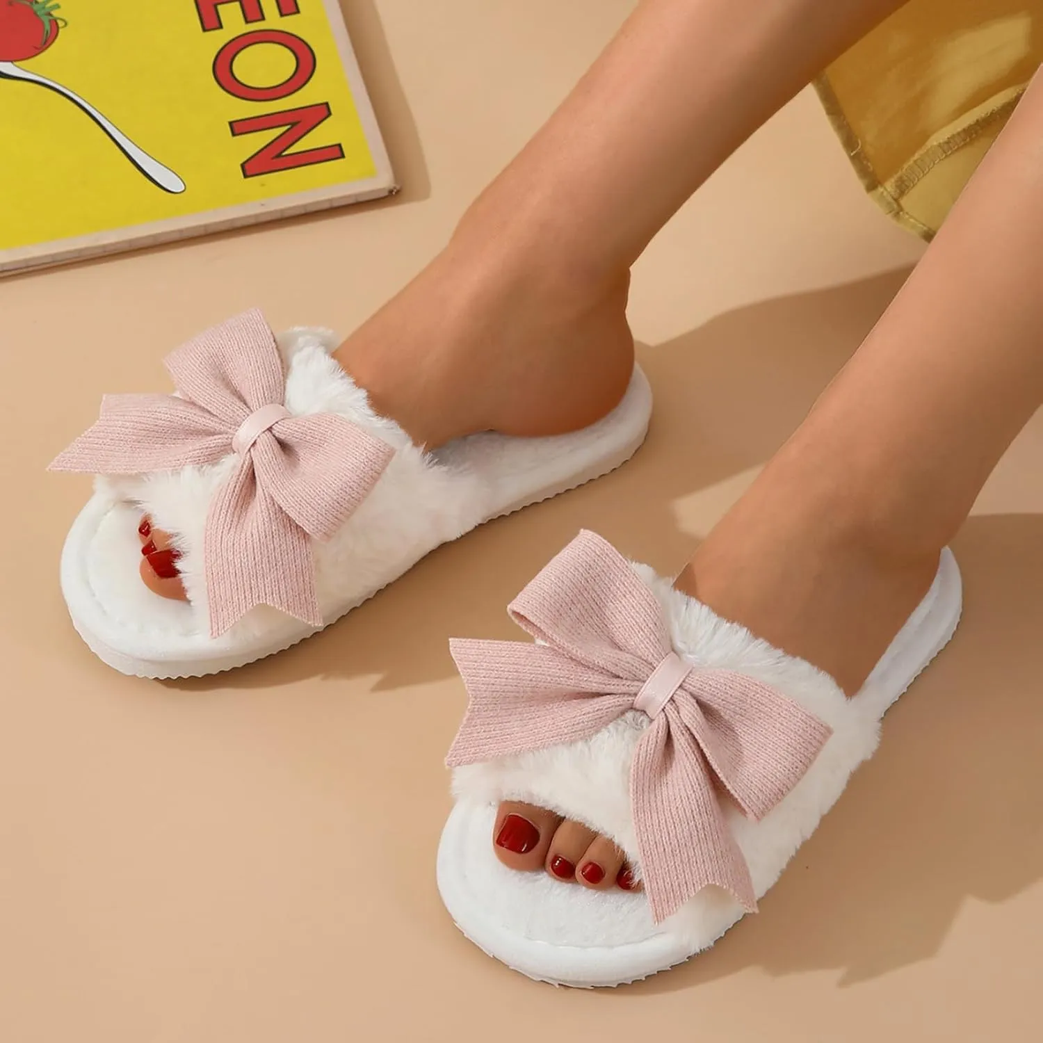 Cute Bow-Tie House Women's Fuzzy Slippers - Open Toe Warm Plush Fluffly Non-slip Sole Comfy Memory Foam Home Shoes Indoor Outdoor