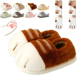 Cute Cat Paw Slippers for Women, 3D Fluffy Cat Paw Slipper, Cozy Furry Warm Winter Kitty Paw Shoes for House Indoor Outdoor