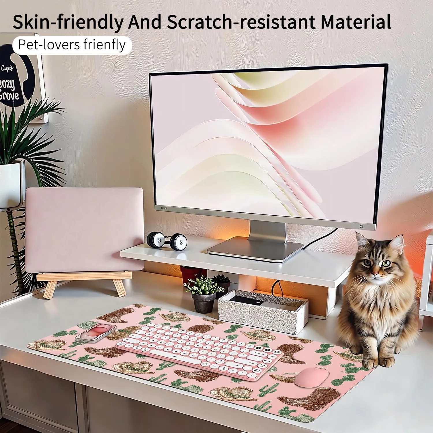 Cute Cool Pattern Large Desk pad 31.5''X15.7''Pretty Cowgirl Boot Desktop Pad Pu Leather Mats Fashion Soft Waterproof Non-Slip Table pad for Girls Women Office Home Work Computer Game