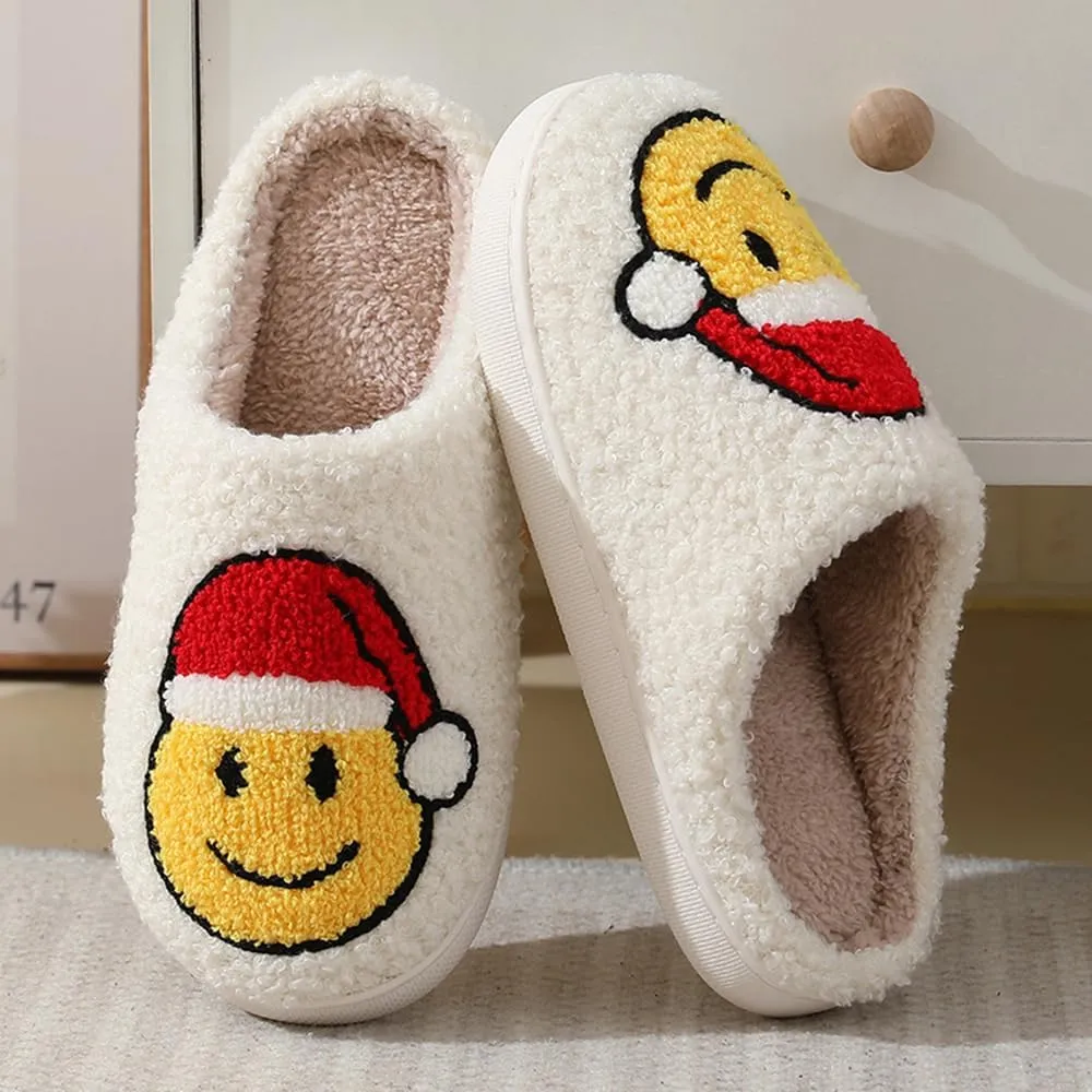 Cute Happy Face Slippers for Women Men, Retro Soft Plush Warm Cushioned Lightweight Non-Slip House Slippers Cozy Indoor Outdoor Slippers