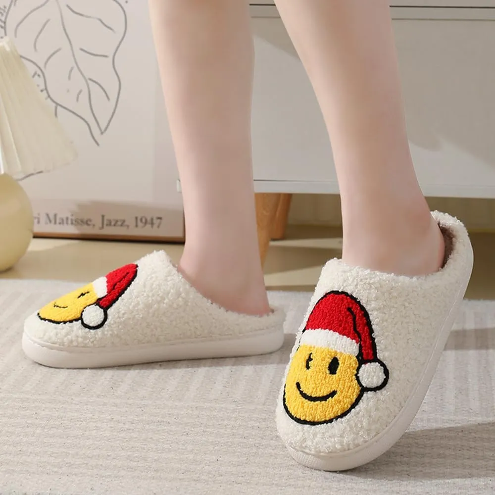 Cute Happy Face Slippers for Women Men, Retro Soft Plush Warm Cushioned Lightweight Non-Slip House Slippers Cozy Indoor Outdoor Slippers
