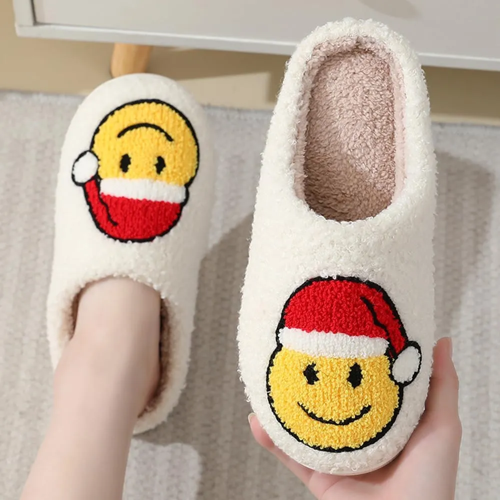 Cute Happy Face Slippers for Women Men, Retro Soft Plush Warm Cushioned Lightweight Non-Slip House Slippers Cozy Indoor Outdoor Slippers