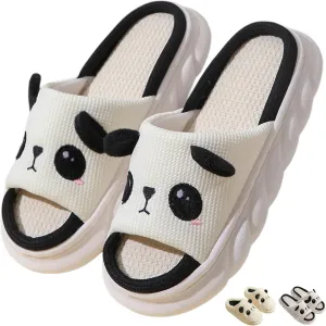 Cute Panda House Slippers Cartoon Indoor Breathable Linen Couple Home Slides Winter Warm Plush Cozy Cotton Shoes Thick Soled Comfy Bedroom Slipper