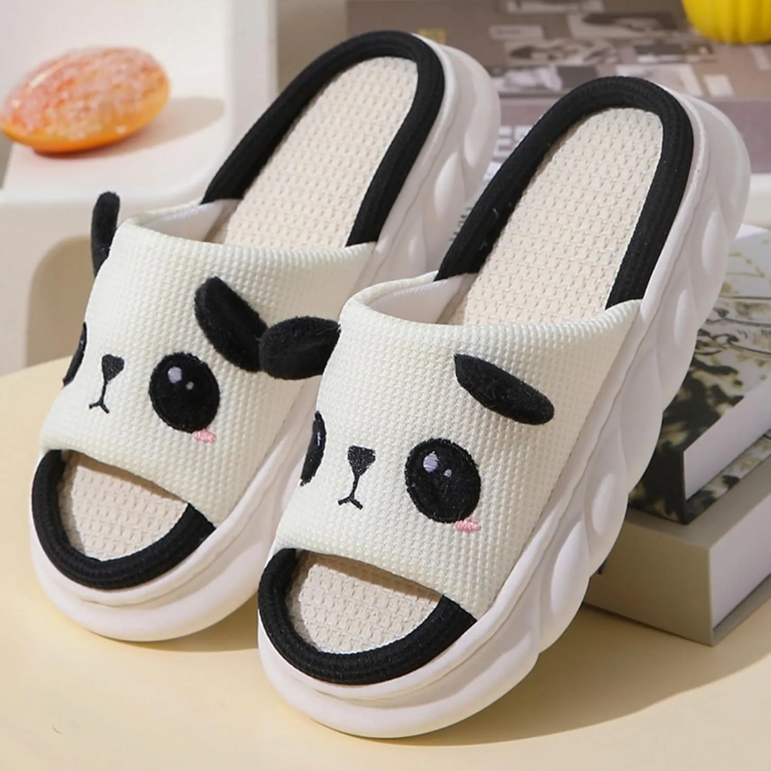 Cute Panda House Slippers Cartoon Indoor Breathable Linen Couple Home Slides Winter Warm Plush Cozy Cotton Shoes Thick Soled Comfy Bedroom Slipper