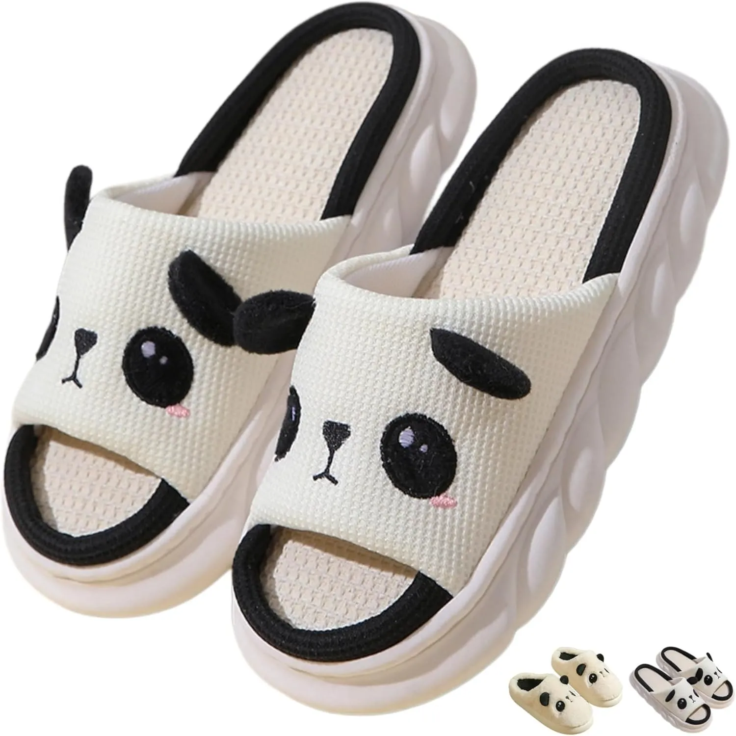 Cute Panda House Slippers Cartoon Indoor Breathable Linen Couple Home Slides Winter Warm Plush Cozy Cotton Shoes Thick Soled Comfy Bedroom Slipper