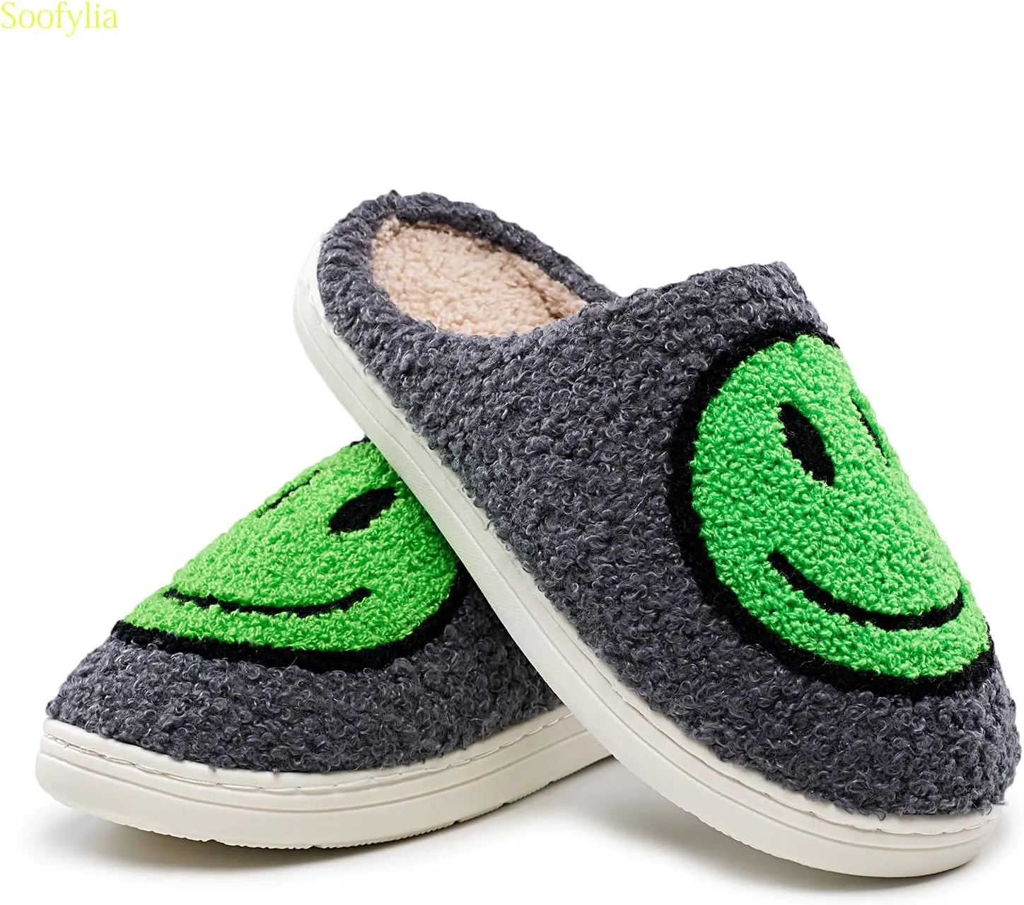 Cute Smile Face Slippers for Women and Men,Soft Plush Comfy Warm Couple Slip-On House Happy Face Slippers For Winter Indoor Outdoor Smile Slippers Non-slip Fuzzy Flat Slides